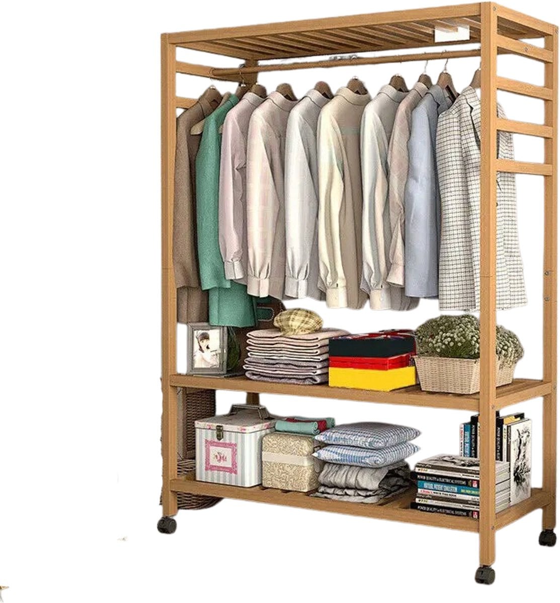 Novendo Goods Massief houten kledingrek met zijhaken, planken en wielen