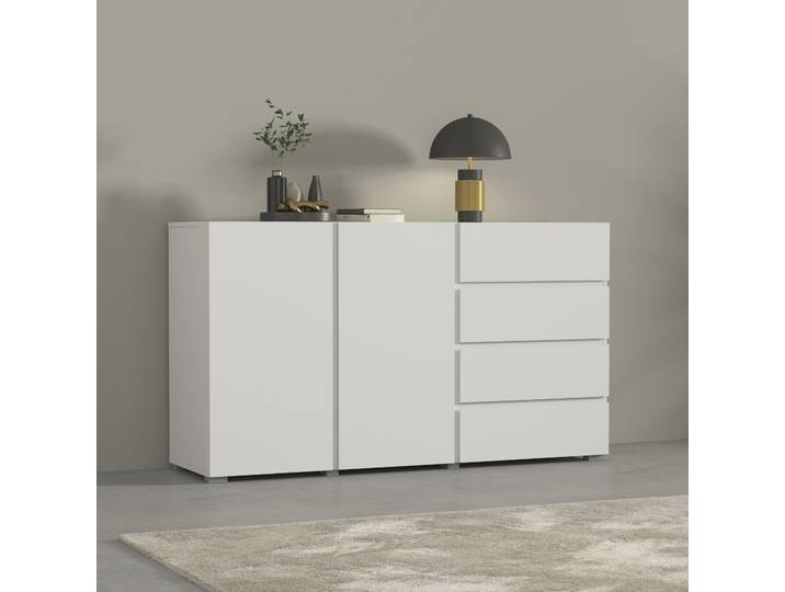 Sideboard GOODPRODUCT Metric,Breite 138 cm, grifflose Kommode 2 Türen/4 Schubkästen , weiss (weiß), B:138cm H:78,3cm T:40cm, Sideboards, Sideboard, Schubladenschrank mit viel Stauraum, Einlegeböden verstellbar