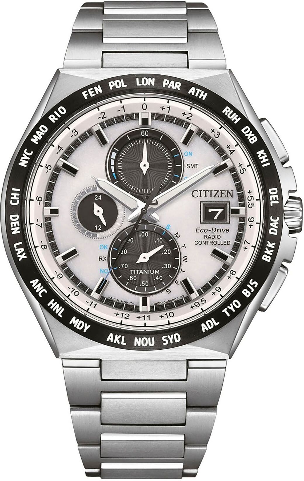 Funkchronograph CITIZEN, silber (titansilberfarben, weiß, weiß), Armbanduhren, Herren, titansilberfarben, Funkchronograph, Armbanduhr, Solar, Herrenuhr, analog, Perpetual Kalender