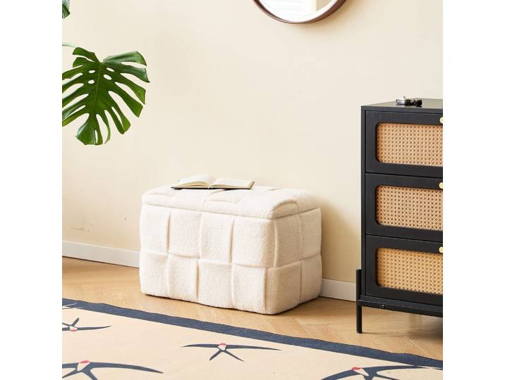 Banc coffre avec rangement en bouclettes blanches