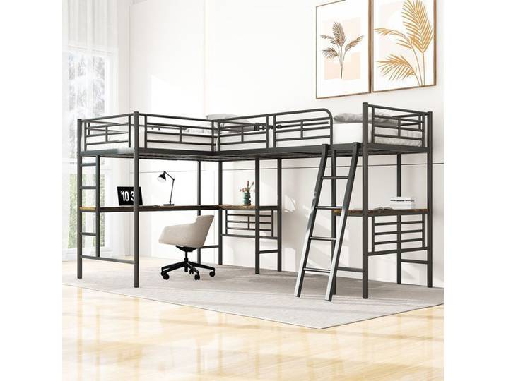 Lit mezzanine 90x200 cm Lit double table sous le lit escalier double rampe haute Noir
