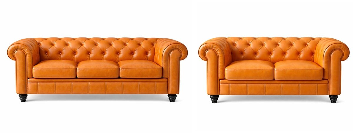 Chesterfield Banken Set van 2 en 3 Zits in Leder - Cognac en Okergeel - Design