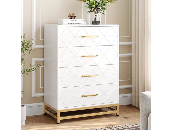 Commode à 4 Tiroirs pour Chambre Commodes Modernes Larges et Poignées Métalliques Commodes en Bois 61x40x93 cm Blanc