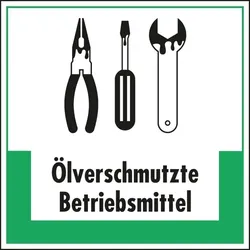 Aufkleber I Abfallkennzeichen Ölverschmutzte Betriebsmittel, Symbol und Text, Folie, 200x200mm