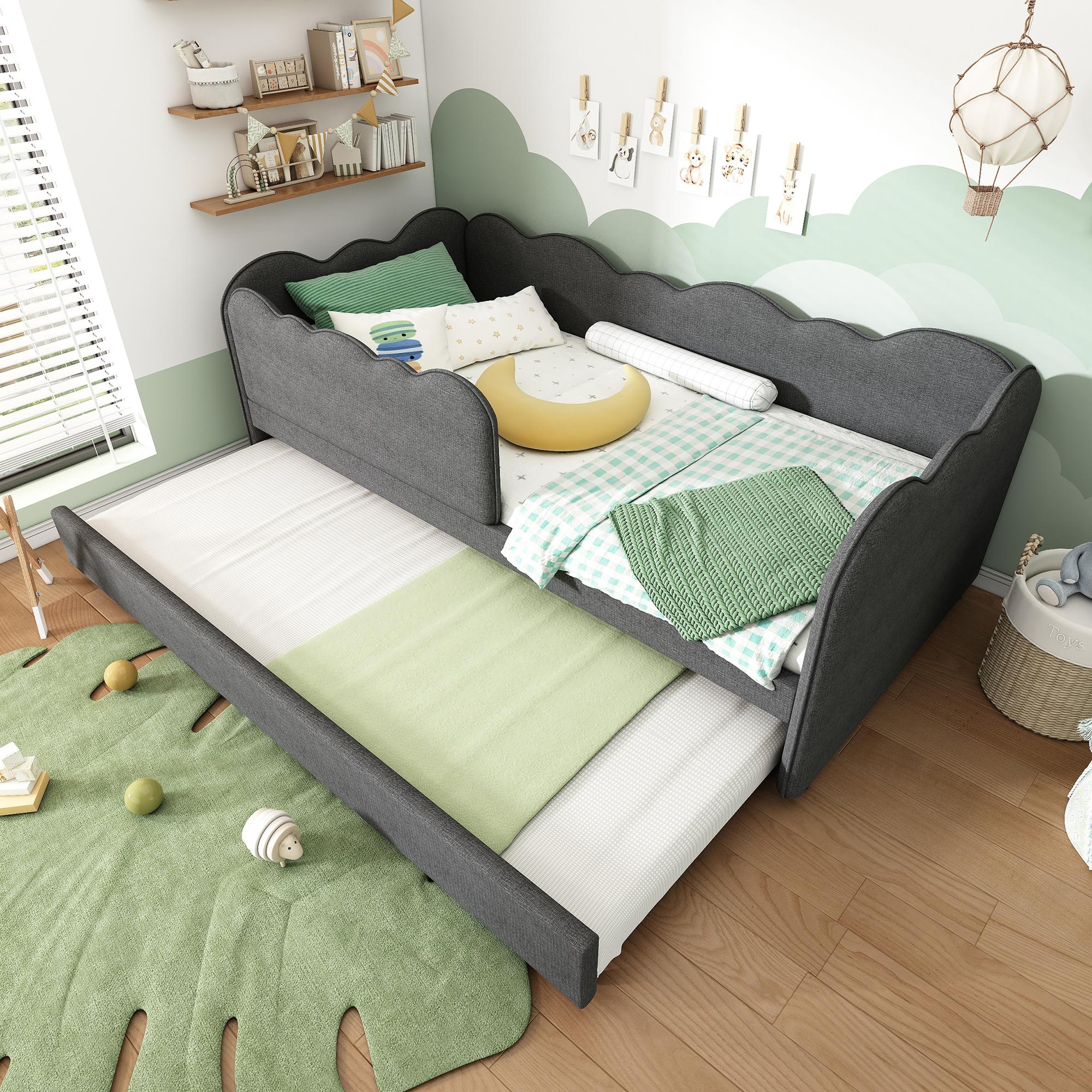 STILVORA Schlafsofa 90x190 mit Ausziehbett unter,Daybett aus Leinen mit Lattenrost,Tagesbett für Wohnzimmer, Schlafzimmer und Gästezimmer,Grau