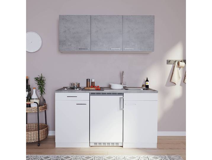 Singleküche Luis III 150cm Grau/Weiß/Weiß/Beton Dekor Kochplatte