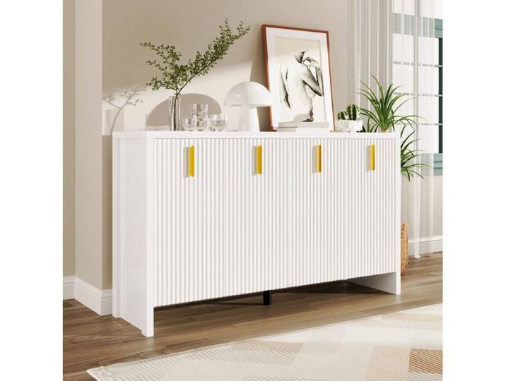 Buffet bas 4 portes – Blanc – Poignées dorées – 140 cm – Panneaux de particules