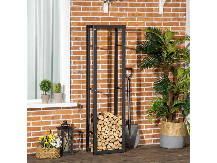 HOMCOM Étagère à bois de chauffage en métal, 40 x 25 x 150 cm, support à bûches pour intérieur & extérieur, support à bois de chauffage, noir