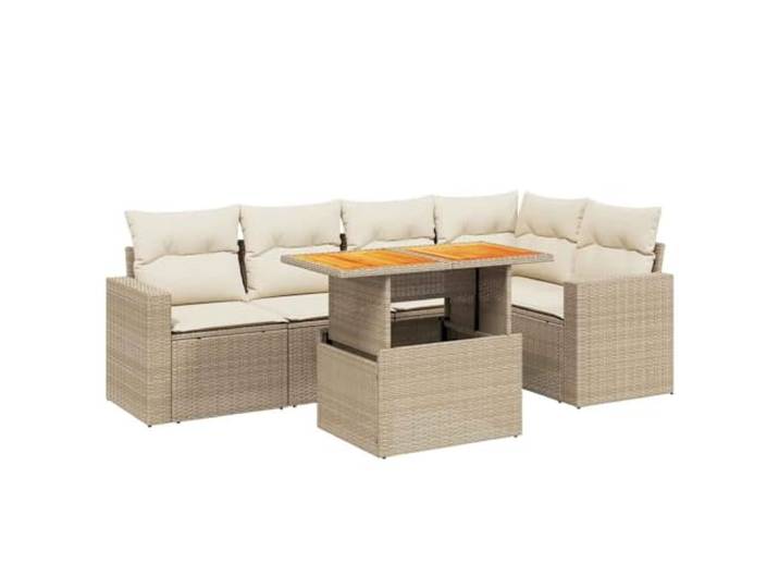PUGYNBK Garten-Sofa-Set, 6-teilig, synthetisches Rattan, Beige Verstellbare Tischplatte, umwandelbarer Esstisch, dicke abnehmbare Kissen, modulares Design außen