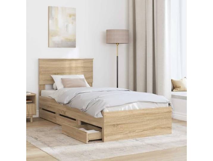 SKTQYQO Bettgestell mit Schublade Eiche Sonoma 75 x 190 cm Technisches Holz, 6 Schubladen, Lattenrost, moderner minimalistischer Stil
