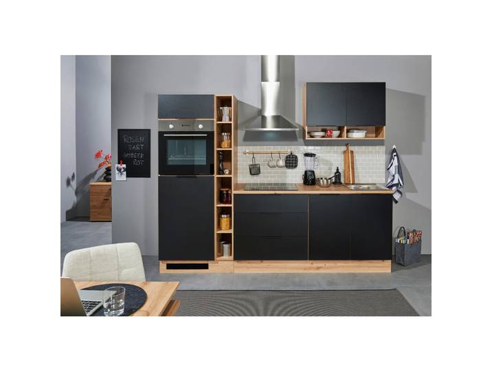P & B Küchenleerblock Oskar, Schwarz, Eiche Artisan, 3 Schublade(n) Schubladen, seitenverkehrt montierbar, nur wie online abgebildet bestellbar, 250 cm, höhenverstellbare Füße, Küchen, Küchenzeilen & Küchenblöcke, Küchenzeilen ohne Geräte
