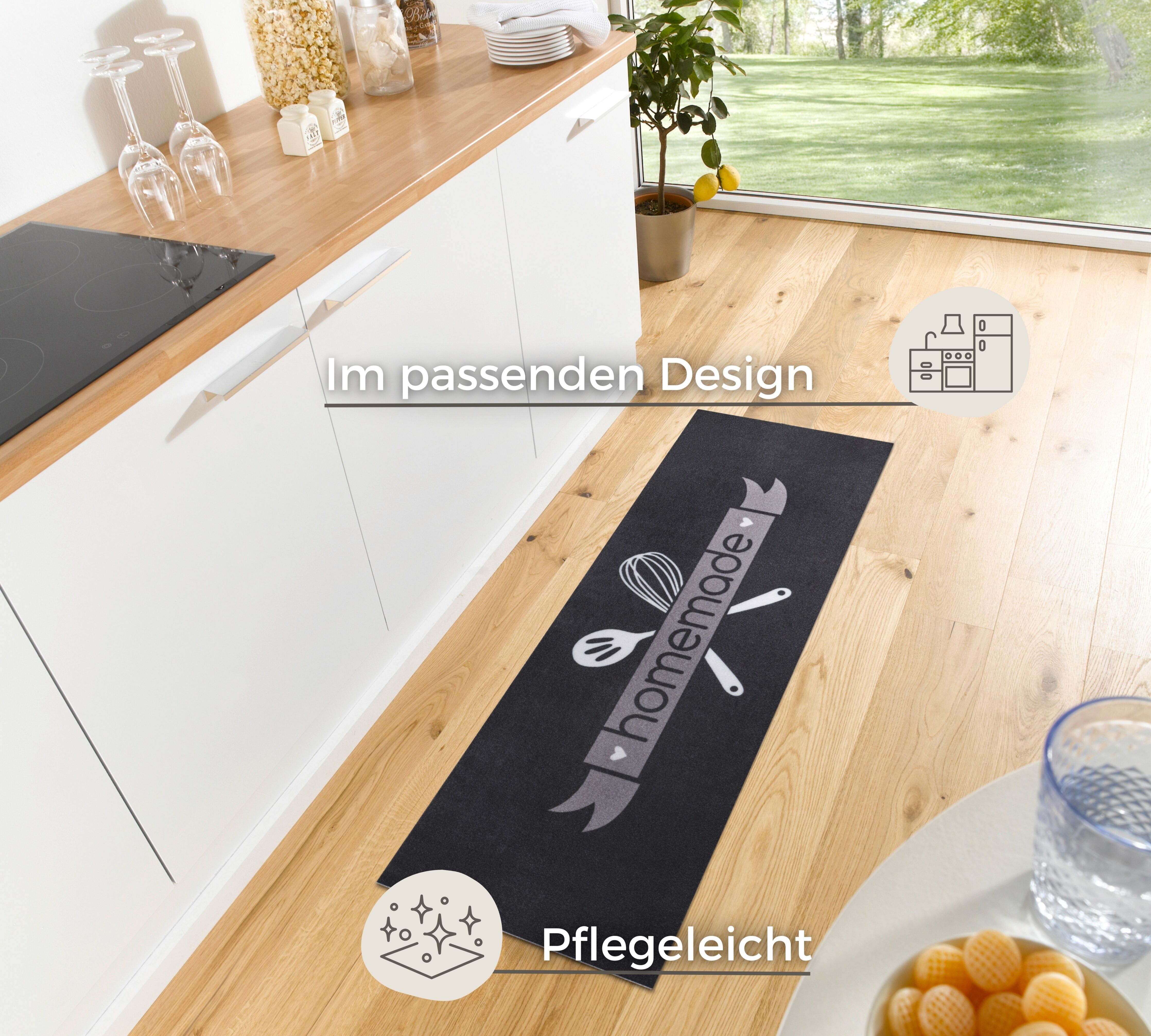 Küchenläufer HANSE HOME "Homemade Kitchen", schwarz-weiss (schwarz,weiß,grau), B:50cm H:3mm L:150cm, Polyester, Teppiche, Küchenläufer, Läufer, Rutschfest, Küchenteppich, Küche, Teppich, Pflegeleicht schwarz,weiß,grau B : 50cm 1 Stk., 3mm, L: 150cm