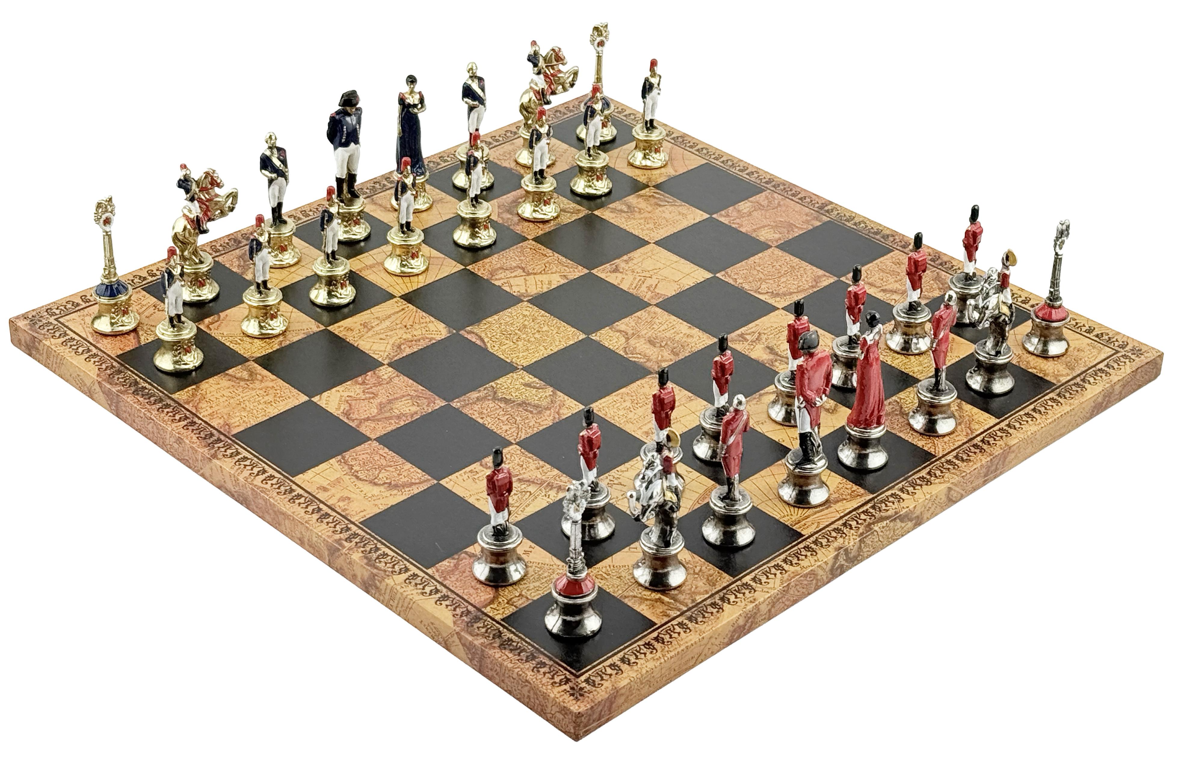 Exklusives Italfama Schachset - Napoleone Figuren + Antike Landkarte Brett (40x40 cm)