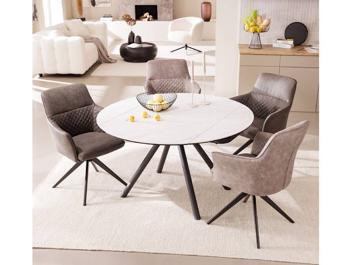 home24 Uitschuifbare eettafel GUFOU 130 x 77 x 80cm wit/zwart/witte marmeren look