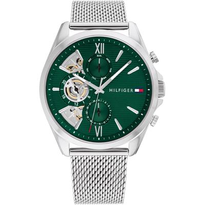 Multifunktionsuhr TOMMY HILFIGER "BAKER", silber (silberfarben, dunkelgrün, dunkelgrün), Armbanduhren, Herren, silberfarben, Quarzuhr, Armbanduhr, Herrenuhr, Edelstahlarmband, analog, Tag