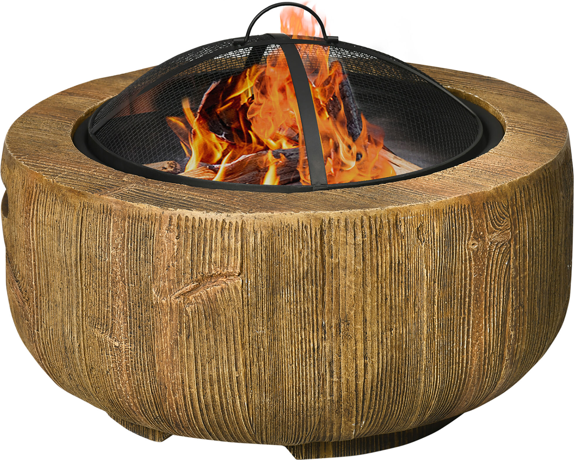 Outsunny Focolare in Design a Ceppo d'Albero, Coperchio a Griglia, Griglia per la Carbonella, Gancio per il Fuoco, Ø61,5 x 39 cm
