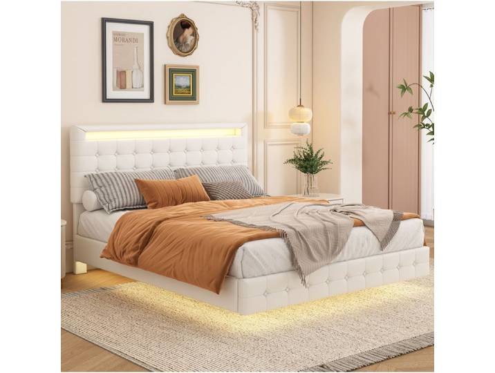 WOVREO lit double 140x200 cm avec LED réglable tête de lit 3 niveaux revêtement PU blanc