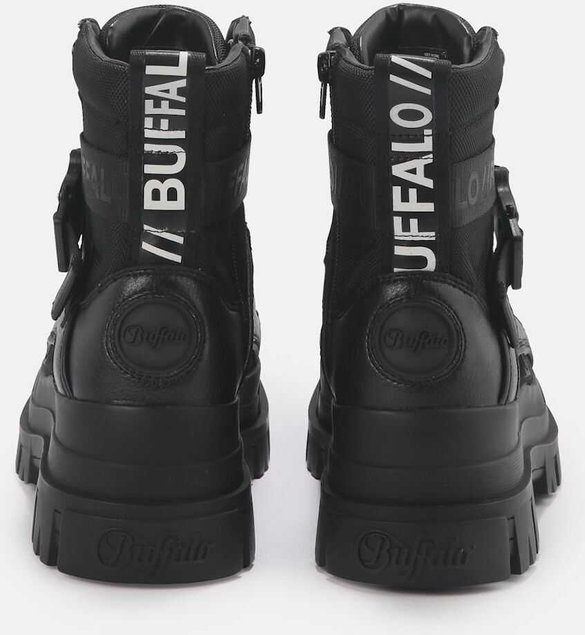 Winterboots BUFFALO "Aspha Com1 Vegan", Damen, Gr. 37, schwarz, Lederimitat, Textil, Schuhe Winterboots, Schnürstiefelette, Plateauboots mit Innen-Reissverschluss schwarz 37