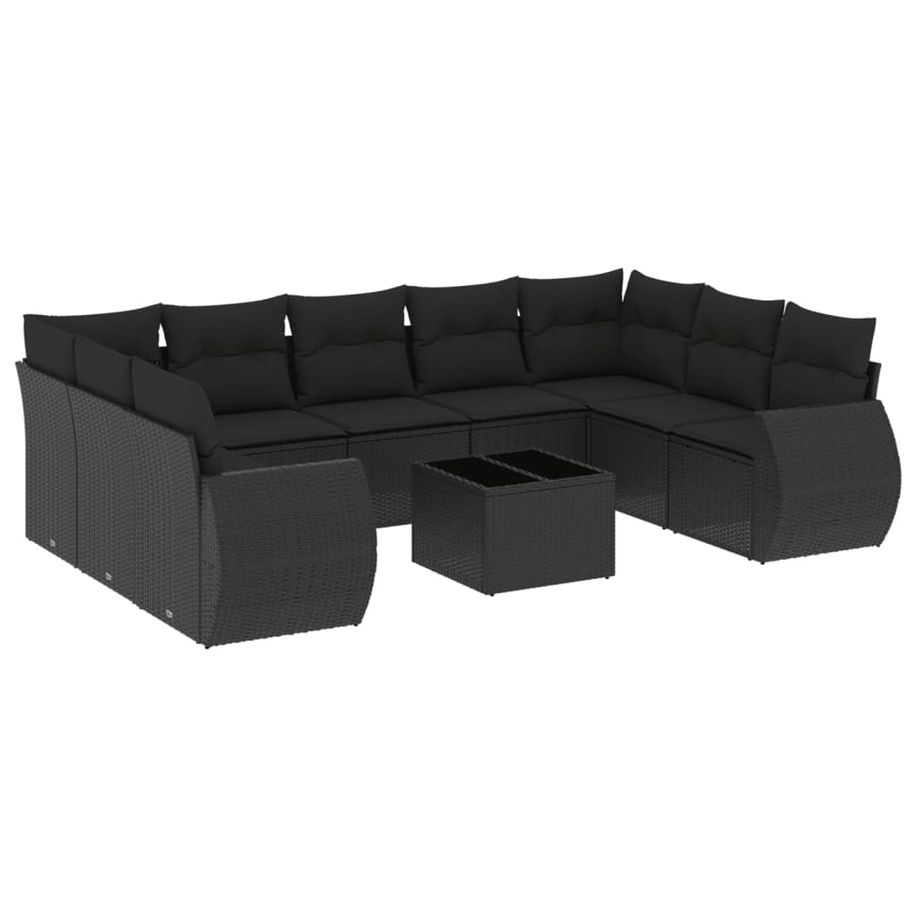 Modulares Gartensofa Set, 10-tlg. Loungemöbel mit Kissen, Schwarz, aus Poly Rattan & Stahl, UV-beständig, Hartglas-Tischplatte