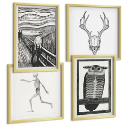 BILDER SET 4er Set - 50x50 cm & 40x60 cm Goldrahmen - Inspiration Schrei Schädel Eule
