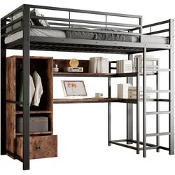 STILVORA Hochbett 140x200 Metallrahmen mit LED-Beleuchtung, Schreibtisch, Schublade, Regale, Geländer, Stauraum, Multifunktional, Schwarz
