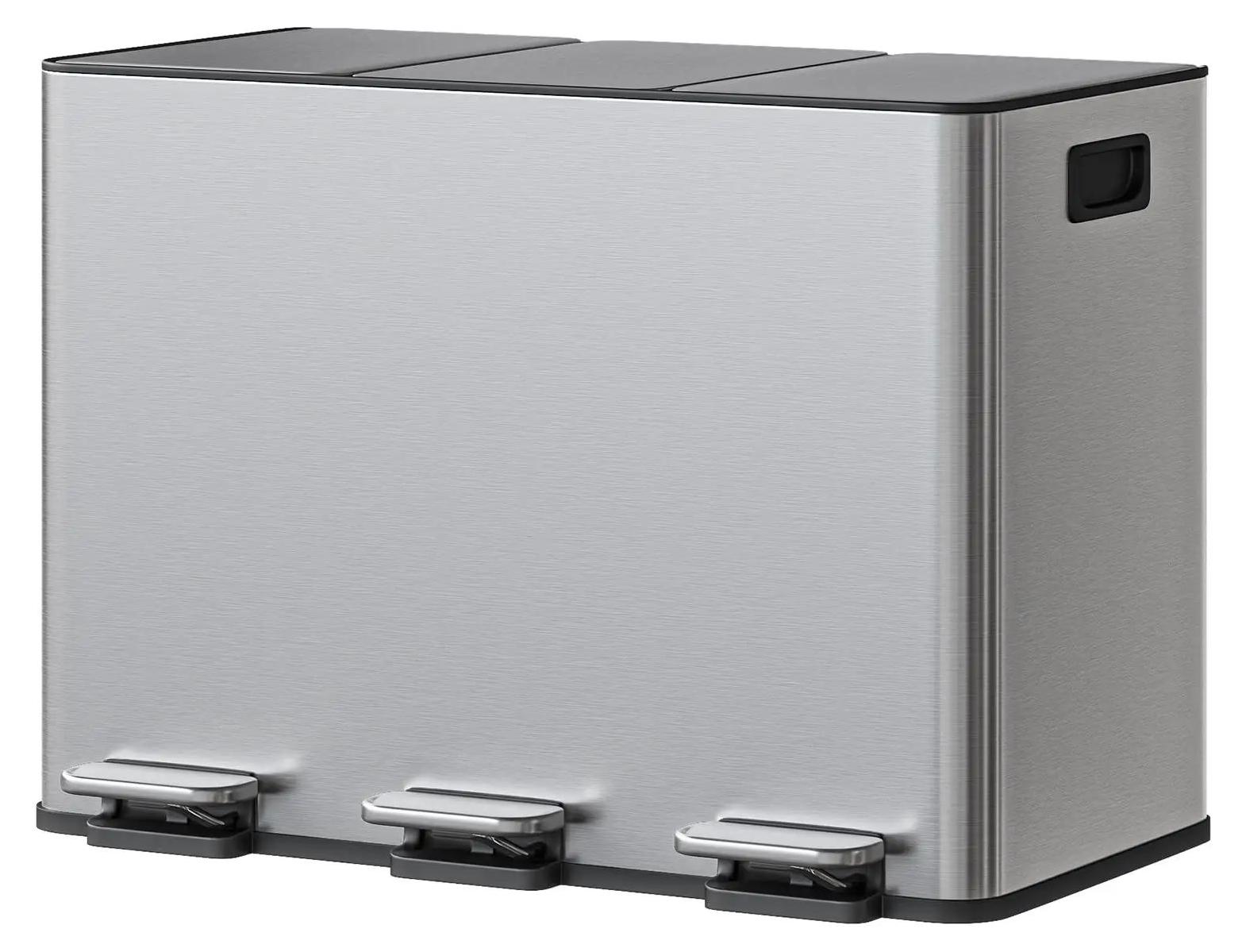 Küchen Mülleimer - Tretmülleimer mit 2 Fächern - Mülltrennung - Edelstahl - Soft Close Deckel - Rechteckig - Silber