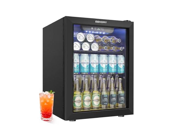 EUHOMY Getränkekühlschrank mit Glastür, 48L Mini Kühlschrank für 68 Dosen, Leiser Bierkühler mit LED & Digitalanzeige, Freistehend für Home Bar, Büro, Schlafzimmer & Gaming Room
