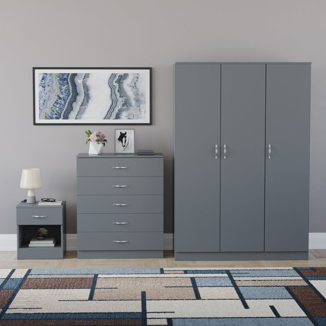 17 Stories Maybery 3 Piece Bedroom Set (1 Drawer Bedside Chest, 5 Drawer Chest, 3 Door Wardrobe), (5) Grey