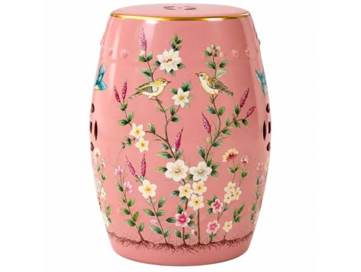 Keramik-Gartenhocker im Chinoiserie-Stil – Handbemalter Beistelltisch Terrassenhocker, Blumen-Vogel-Motiv, Goldfarbene Details, 28x45 cm, für drinnen & draußen(Rosa)