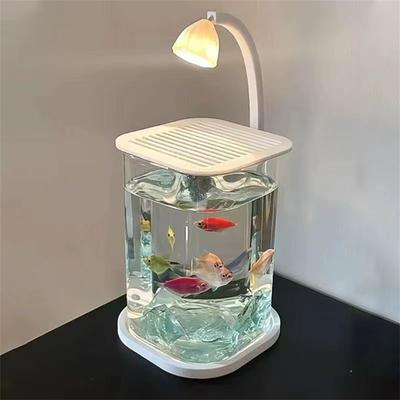 The Handy Homestead Mini Desktop Aquarium With LED Light For Betta Fish & Kids with Blue Crystals