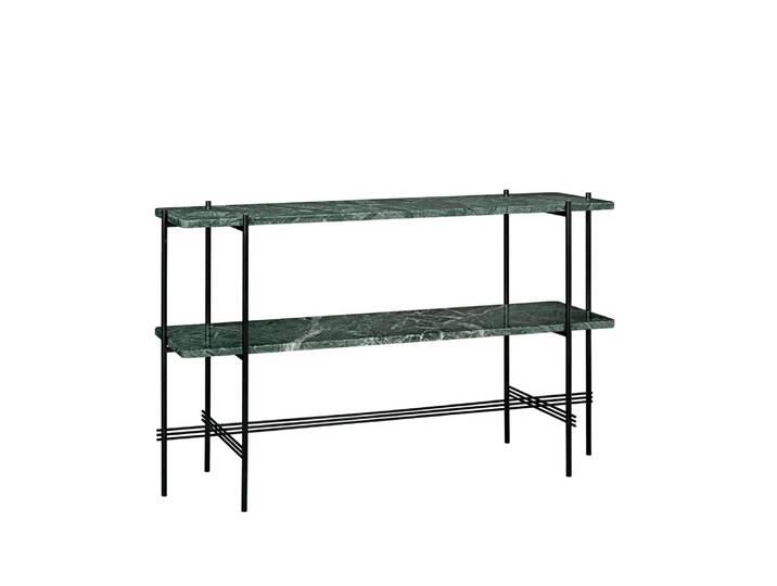 GUBI TS Console Beistelltisch 120x30x72 cm Green guatemala marble, Schwarzes Gestell, 2 Marmorplatten