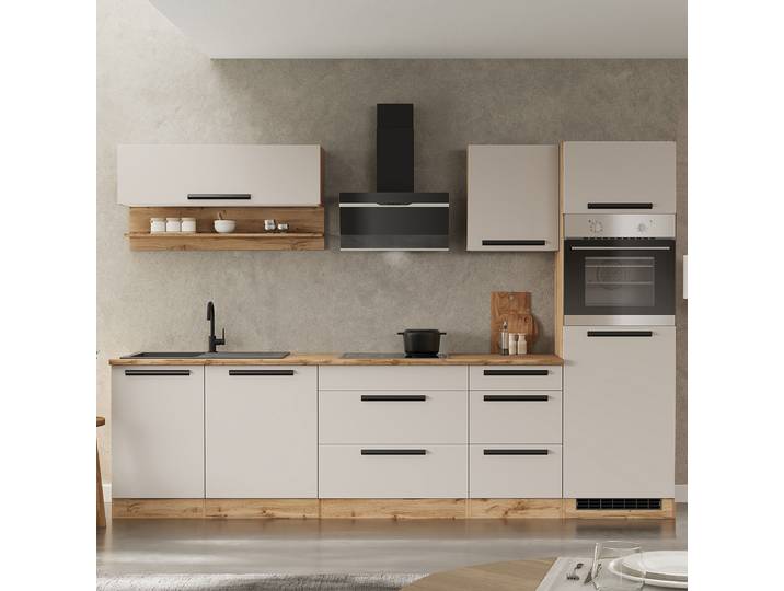 Autarke Küchenzeile AVEIRO mit Spüle 300cm Beige/Kaschmir Glaskeramik mit Elektrogeräten mit Kühlschrank