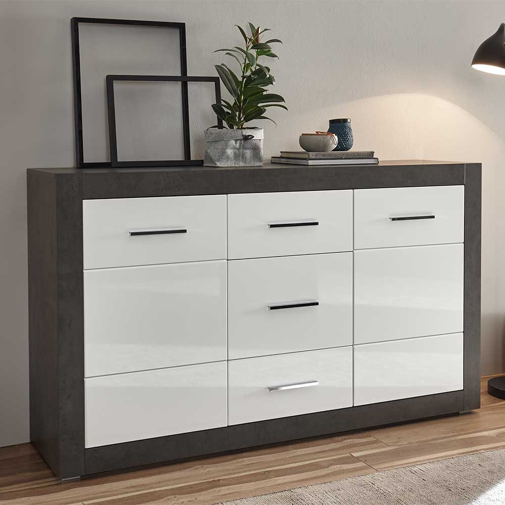 Pharao24.de Wohnzimmer Sideboard in Weiß Hochglanz Beton Grau