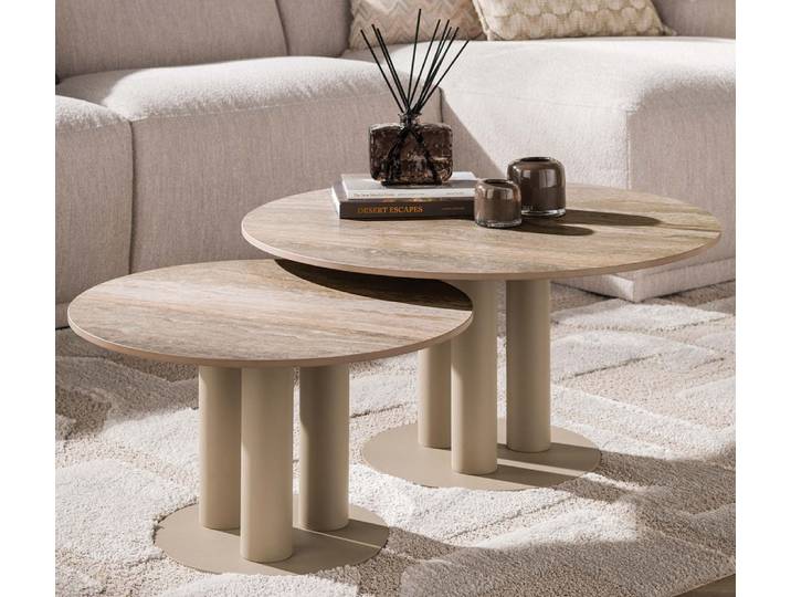 Couchtisch Set Hulpe 2-teilig , rund , 3D Keramik Travertin , Sand
