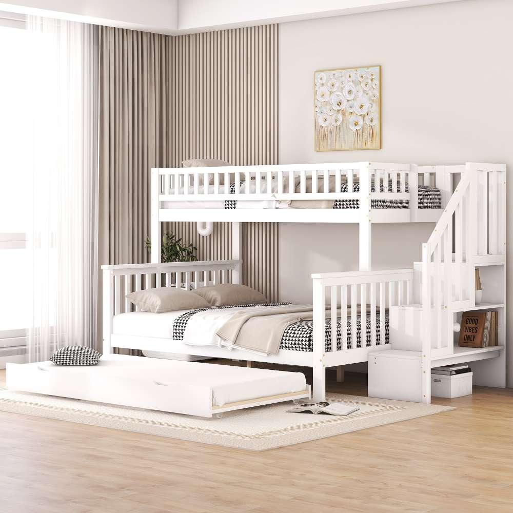 Sicheres Etagenbett mit Ausziehbett & Stauraum - Platzsparendes Kinderbett, stabil - 90x200 + 140x200 cm, weiß