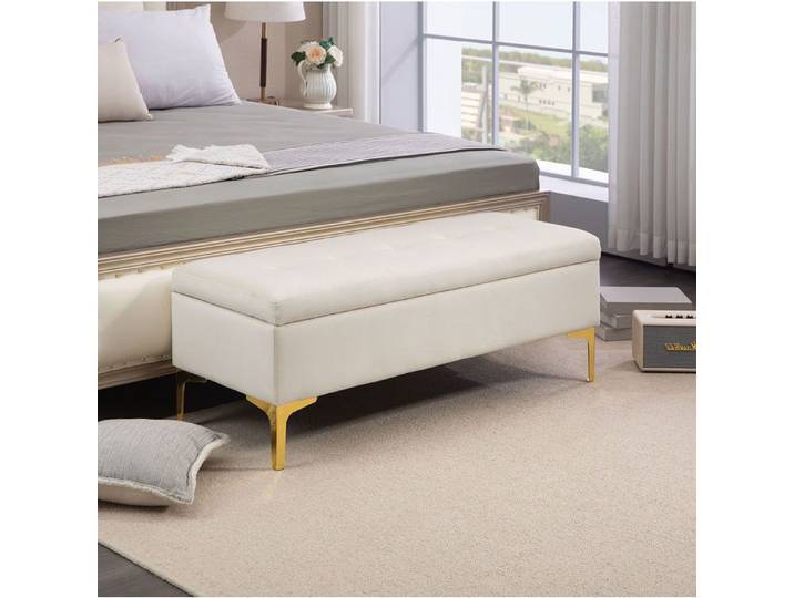 Banquette Coffre Capitonnée avec Pieds en Métal Dorés Aspect Velours Beige pour Chambre 120 × 44 × 44 5 cm
