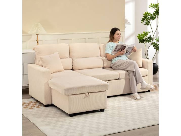 HOMCOM Canapé-Lit 205cm Chaise Longue Réversible Rangement Beige