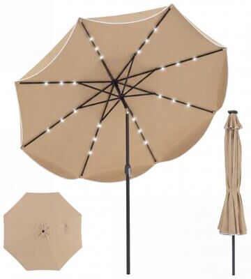 Costway 10 FT Scalloped Solar Patio Umbrella with 24 LED Lights and Tilt Adjustment-Tan