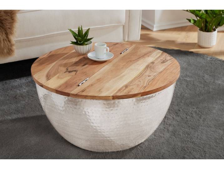 riess-ambiente Couchtisch ORIENT STORAGE Ø60cm natur / silber (Einzelartikel, 1-St), Wohnzimmer · rund · Massivholz · Metall · mit Stauraum · Hammerschlag