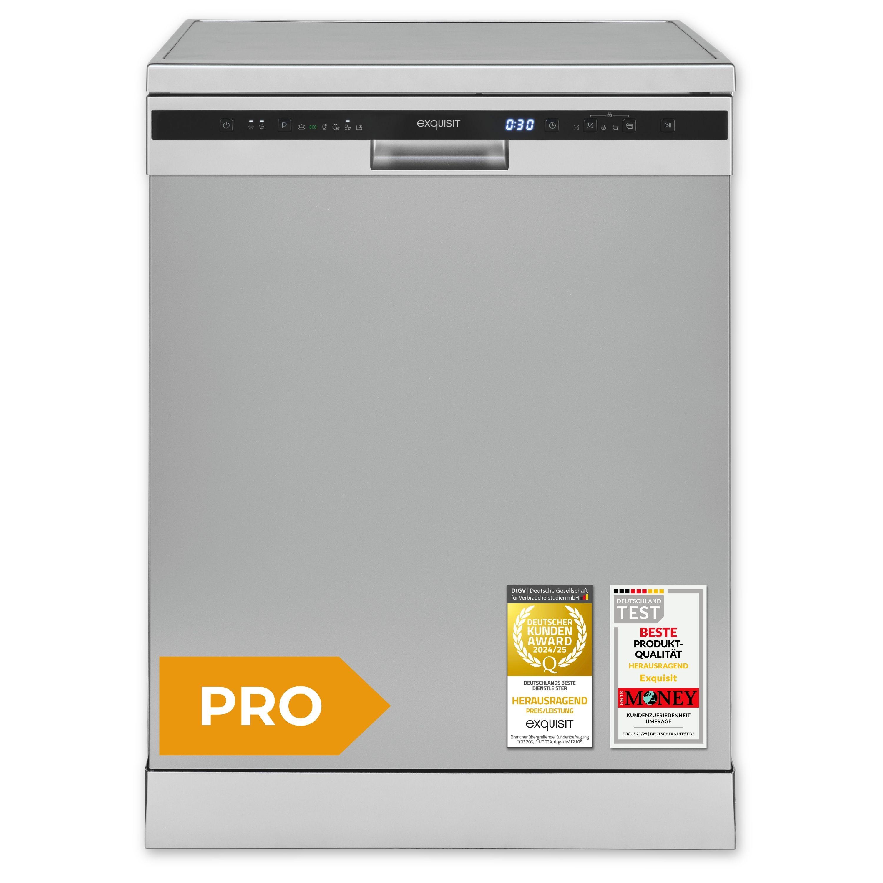 Exquisit PRO Geschirrspüler 60 cm, Unterbaufähig, EEK: C, 14 Maßgedecke, Automatische Türöffnung, Startzeitvorwahl, 11 Liter, GSP56314-030C silber