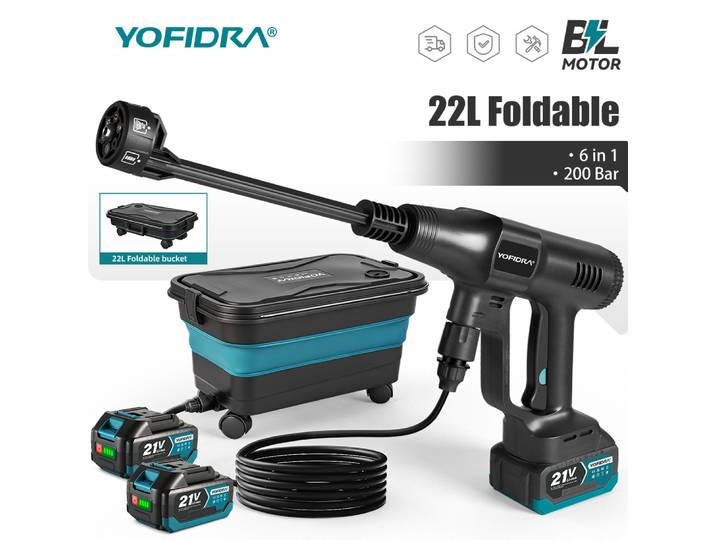 Nettoyeur haute pression électrique sans fil YOFIDRA 200 bars + seau de 22 L, pistolet de lavage de voiture, pistolet d'arrosage de jardin, outil électrique compatible avec batterie Makita 21V