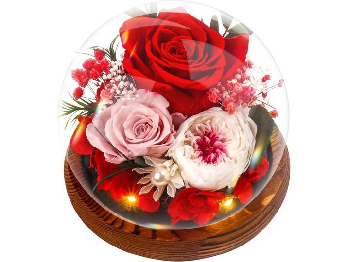 Glasrose Ewige Rose mit Glaskuppel und Holzsockel, Mehrfarbig, 15 cm, Dekoration, Blumen & Blumentöpfe, Kunstblumen