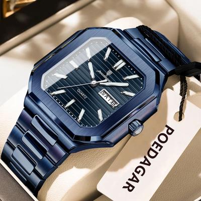 Inspire Select POEDAGAR Luxury Square Waterproof Men's Quartz Watch With Luminous Date & Week blue Blue