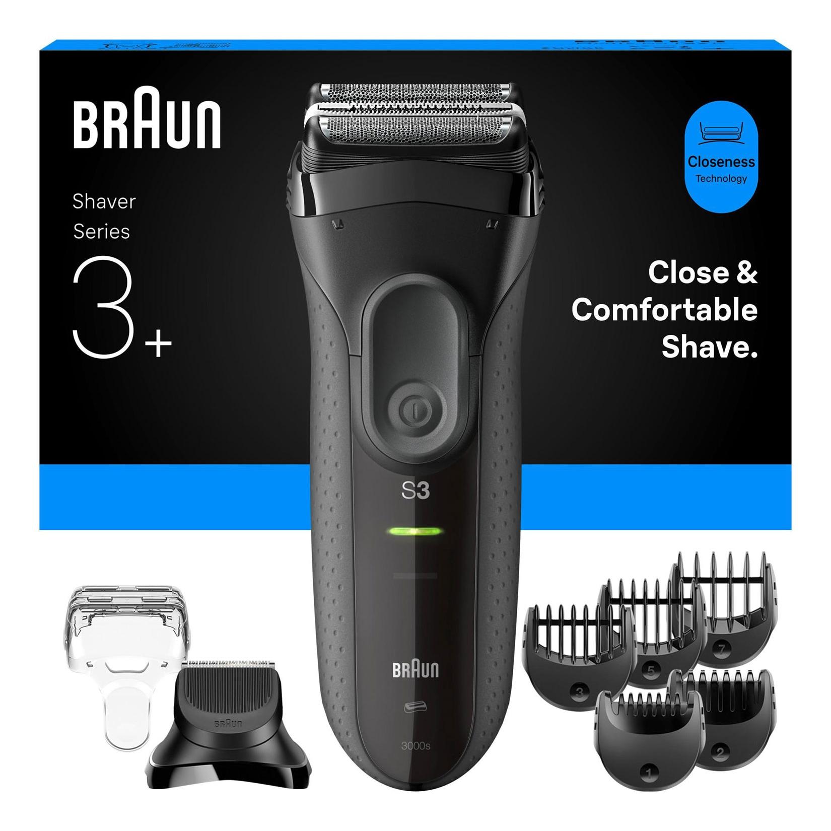 BRAUN Series 3+ Elektrorasierer, Barttrimmer-Aufsatz 3000BT Herrenrasierer (Akkubetrieb, 2 Scherfolienelementen und MicroComb Mitteltrimmer, Barttrimmer Aufsatz, 5 Kammaufsätze, wasserdicht, hergestellt in Deutschland, Schutzkappe, Ladegerät, Reinigungsbür