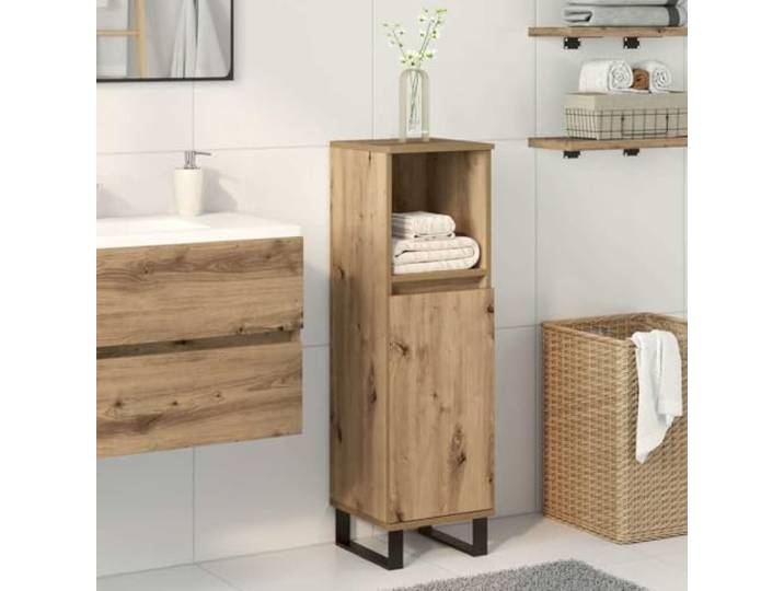 SKTQYQO Badezimmerschrank Eiche Handwerk 30 x 30 x 100 cm Spanplatte 2 Fächer mit Tür, Einlegeboden, Tür rechts oder links, Eisenfüße