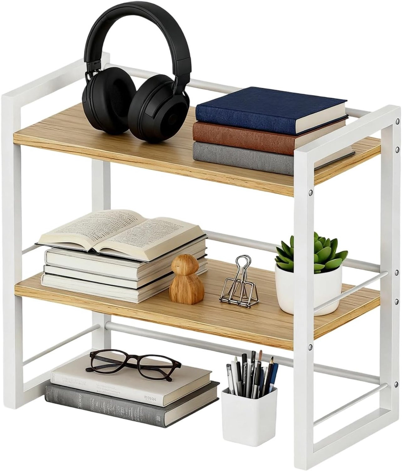 Houten en Metalen Desk Shelf Organizer - 2-Tier Mini Rack voor Boeken, Kantoor en Keukenopslag