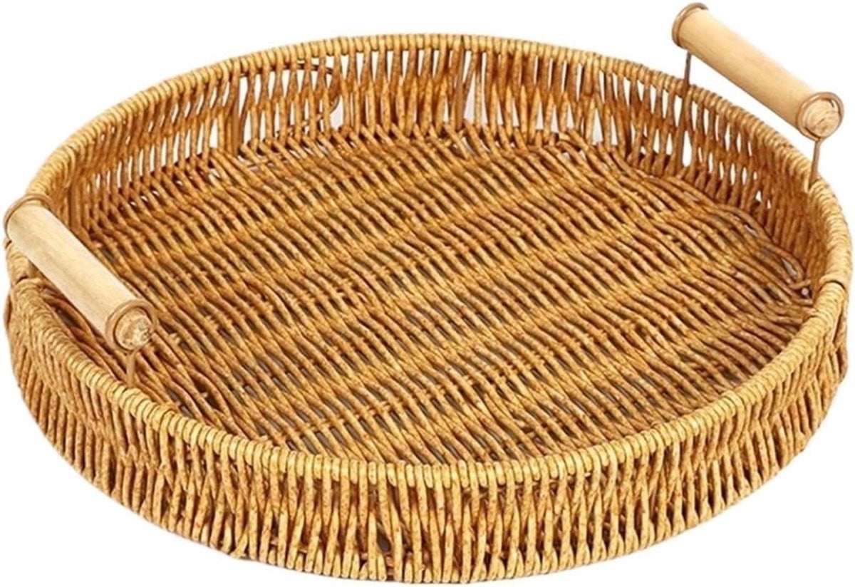Handgeweven Rotan Dienblad met Handgrepen - Rond - Lichtbruin