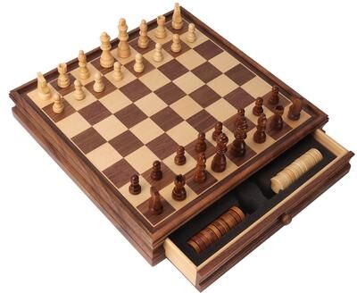 GSE Games & Sports Expert "GSE™ 15"" Large Wooden 2-in-1 Chess and Checkers Board Game Combo Set with Drawer"