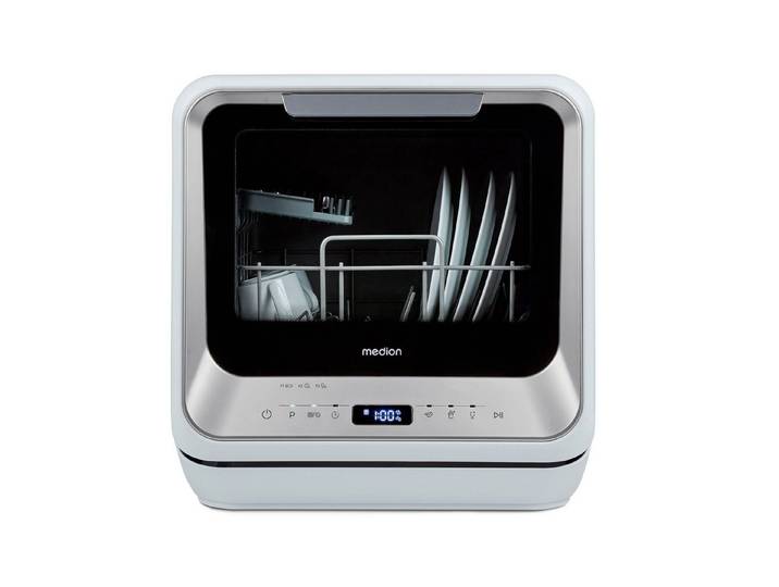 Medion® Tischgeschirrspüler MD37763, 2 Maßgedecke, mit/ohne Wasseranschluss, 6 Reinigungsprogramme, freistehend, silber