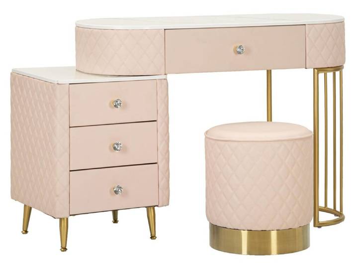 Coiffeuse Sharon rose et or avec pouf 120 cm — ensemble 2 pièces